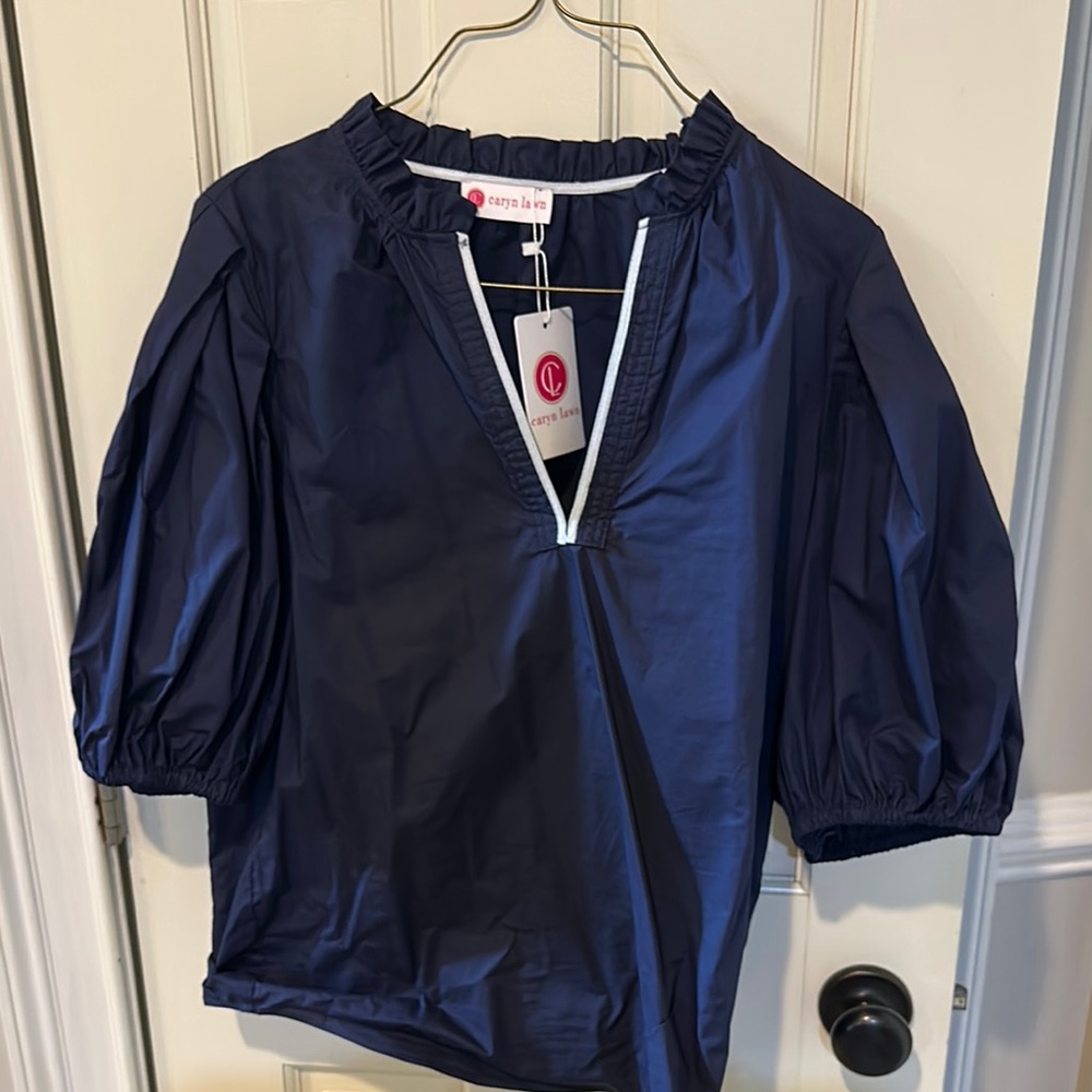 Blue Puff Sleeve 3/4 Length Blouse Relaxed Fit